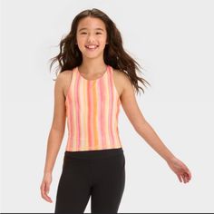 Girls' Cropped Tank Top - All In Motion Light Orange M Sporty Sleeveless Top For School, Playful Fitted Sports Top, Sporty Tops For School In Summer, Sporty Tops For Summer School, Sporty Summer Tops For School, Cute Pink Sports Tops, Playful Multicolor Sports Top, Summer School Stretch Top, Pink Tops For Playwear In Spring