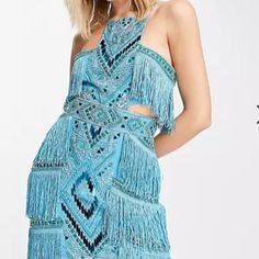 Gorgeous Fringe Mini Dress By Asos Design. Beaded Embellishment, Fringe Details, Cut-Out Sides. Perfect For A Cocktail Party, Birthday, Or Occasion. Light Blue Embellished Summer Dress, Bohemian Sequin Mini Dress For Party, Blue Fringe Dresses For Night Out, Blue Fringe Dress For Night Out, Festive Turquoise Dress For Party, Festive Turquoise Party Dress, Blue Sleeveless Fringe Dress, Festive Turquoise Bohemian Dress, Festive Light Blue Party Dress