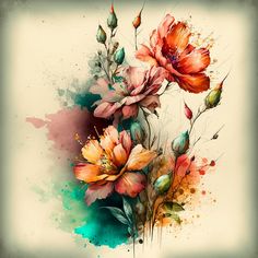 an artistic painting of flowers with watercolor splashs on the paper and paint splatters