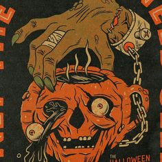 an orange and black poster with two hands holding a pumpkin