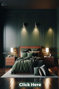 a bedroom with dark green walls and wooden flooring is pictured in this ad for the company