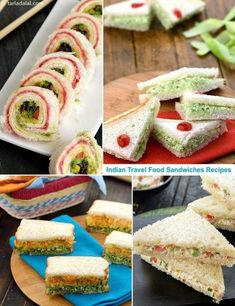 several pictures of sandwiches with different toppings on them and in the middle one has been cut into small pieces