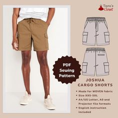 Exclusive patterns from the author of Tiana's Closet Sewing Patterns. Visit my blog for more ideas, sewing tips and free patterns: https://tianascloset.com/ Joshua elastic waist cargo shorts is a staple in the wardrobe - enjoy the style of the cargo pockets, and the comfort of the relaxed fit and elastic waist! Main features of these simple lounge shorts: - Elastic waistband - Faux fly zipper for a more tailored look - Slanted side pockets - Welt back pocket - Relaxed fit - 7 inch inseam (adjust Men’s Shorts Pattern, Men’s Clothes Sewing Patterns, Mens Shorts Sewing Pattern, Sewing Pattern Men, Mens Shorts Pattern, Sewing Pattern For Men, Mens Sewing Patterns, Casual Shorts For Men, Short Cargo