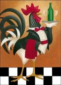 a painting of a rooster holding a wine glass and bottle on a checkered background