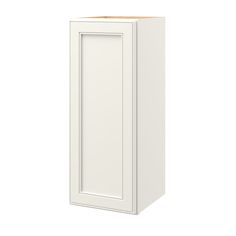 a white cabinet with a wooden door on the front and bottom panel, against a white background