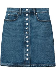 blue stretch-cotton denim front button fastening logo patch to the rear belt loops classic five pockets high waist straight hem thigh-length Alexander Wang Denim, Alexander Wang Jeans, Mini Skirt Blue, Yoko London, City Dress, Iconic Bags, Skirt Fits, Summer Beach Wear, Fitted Skirt