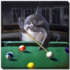 a shark playing pool with billards and balls