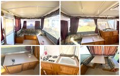 four pictures show the inside of a camper with kitchen, living room and dining area