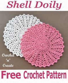 the crochet shell doily is shown in pink and white, with an image of