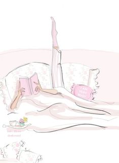 a drawing of a woman laying in bed with her legs up and reading a book