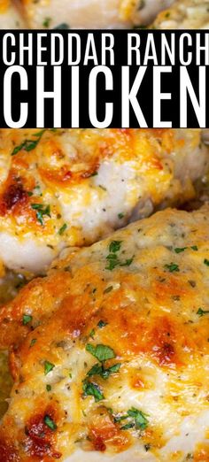 cheddar ranch chicken in a pan with parsley on top and the title overlay