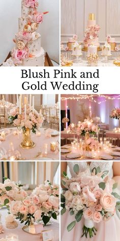 pink and gold wedding decor with flowers on the table, candles in vases and cake