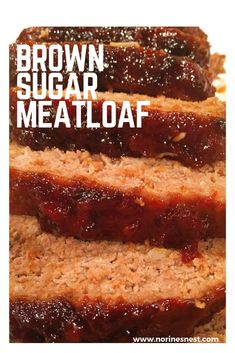 brown sugar meatloaf on a plate with text overlay