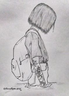 a pencil drawing of a person with a backpack and skateboard on their back legs