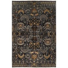 a black and gold rug with an intricate design