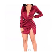 Literally Brand New Chic Burgundy V-neck Mini Dress, Chic Burgundy Mini Dress For Evening, Chic Mini Length Dress In Burgundy, Red Knee-length Mini Dress For Date Night, Chic Mini Length Burgundy Dress, Red Mini Dress For Fall Night Out, Chic Burgundy Dress For Night Out, Chic Red V-neck Mini Dress, Chic Burgundy Mini Dress For Spring