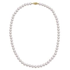 This Akoya pearl necklace features 64 6-millimeter round Akoya pearls, expertly matched for a uniform silhouette. The Japanese pearl variety is among the most popular, beloved for its high-quality white luster with subtle rosy highlights. Elegantly strung, the luminous strand secures with a 14K yellow gold fishhook closure. | Akoya Pearl Necklace | 14K Yellow Gold, 6Mm, 18 | Helzberg Diamonds Japanese Pearls, Akoya Pearl Necklace, Pearl Strands Necklace, Helzberg Diamonds, Saltwater Pearls, Pearl Strand, Pearl Strands, Akoya Pearls, Strand Necklace