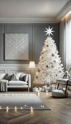 a white christmas tree in a living room