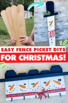 paper snowmen are on display with the words easy fence picket diy for christmas