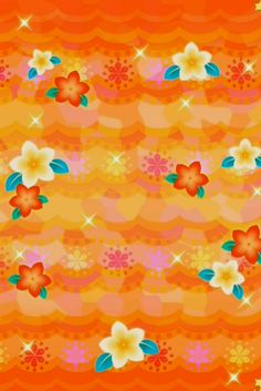 an orange background with flowers and stars on the bottom half of it, which is very colorful