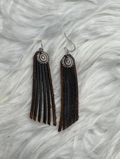 Silver Concho & Leather Fringe Earrings. These dangling earrings are a fun accessory for your trip to Nashville with the girls, the rodeo or just a fun night out at a country music concert. The conchos are silver metal. Choose from black or brown leather. Country Girl Gifts, Country Music Concerts, Cowgirl Jewelry, Music Concert, Leather Fringe, Fringe Earrings, Country Girls, Girl Gifts, Brown Leather