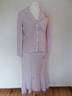 Vintage 90 dress suit by Max Pierre lilac linen beaded dress with matching jacket size  medium large Feminine Fitted Skirt Suit For Spring, Spring Formal Fitted Skirt Suit, 90 Dress, Womens Suits, Butterflies And Flowers, 90's Fashion, Vintage Clothing Men, Dress Suit, By Max