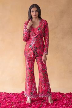 Shop for Shachi Sood Pink Dupion Silk Floral Print Blazer And Pant Set for Women Online at Aza Fashions Pant Blazer Women, Traditional Coat Set For Women, Traditional Blazer Outfits For Women, Coat Pant For Women Party Wear, Blazer Outfits For Women Wedding, Traditional Blazers For Women, Coat Set For Women Indian, Indian Blazer Outfit Women, Blazer Outfits For Women Indian