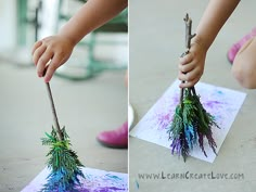 two pictures of a child's hand holding twigs