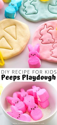 homemade playdough recipe for kids with peeps in the bowl and marshmallows