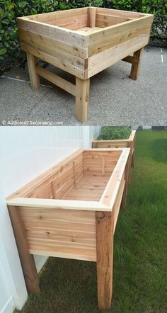 two different views of a wooden planter on the ground and in front of some bushes