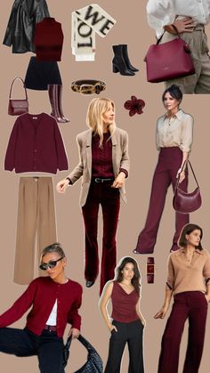 Burgundy dark red outfit inspiration autumn trend pantalon knitwear blazer School Office Outfits, Burgundy Trousers Outfit, Red Outfit Inspiration, Dark Red Outfit, Burgundy Pants Outfit, Red Blazer Outfit, Winter Pants Outfit