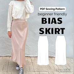 a woman wearing a skirt with the text, sewing pattern beginner friendly bias skirt