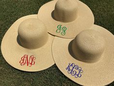 "Talk about a statement. These floppy hats are perfect for beach, pool or picnic and wedding destinations. Many different colors to choose from to personalize your look. Details: Paper Blend Approximately 22\" Around the Head Brim Width: 5\" Please copy the following at checkout : 1. Initials in the exact order from Left to Right as they will be embroidered. Female monograms= first, last, middle 2. Font selection 3. Thread color. We will not be able to offer refunds on custom orders. For this re Fun Brimmed Sun Hat For Vacation, Fun Short Brim Sun Hat For Vacation, Flat Brim Hats For Pool And Beach Season, Flat Brim Hat For Beach Season And Pool, Fun Brimmed Sun Hat For Beach Season, Fun Short Brim Straw Hat For Beach, Fun Curved Brim Sun Hat For Vacation, Fun Beach Straw Hat With Curved Brim, White Summer Sun Hat For Beach Party