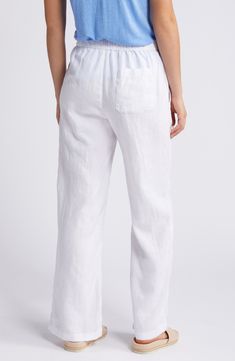 These lightweight linen pants are cut with straight legs and topped with a comfortable elastic-drawstring waist. 29 1/2" inseam; 22" leg opening; 11" front rise; 16" back rise (size Medium) Elastic/drawstring waist Front slant pockets; back patch pockets 100% linen Machine wash, line dry Imported Relaxed Straight Leg Pants With Drawstring, Relaxed Straight Leg Drawstring Pants, White Bottoms With Drawstring And Loosely Fitted Hips, White Drawstring Bottoms Loosely Fitted Hips, Relaxed Straight Leg Bottoms With Drawstring, White Bottoms With Straight Hem For Summer, Linen Wide Leg Bottoms With Drawstring, Casual Linen Wide Leg Pants With Drawstring, Wide Leg Linen Bottoms With Drawstring