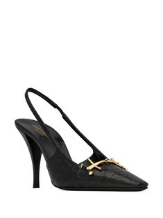 Saint Laurent Black Blade Slingback Pumps - Farfetch Leather Slingback Pumps With Gold-tone Hardware For Party, Luxury Slingback Pumps With 4-inch Heel For Evening, Luxury Gold Slingback Pumps With 4-inch Heel, Luxury Slingback Pumps With Ankle Strap And Gold-tone Hardware, Luxury Slingback Pumps With Gold-tone Hardware, Luxury Slingback Heels With Gold-tone Hardware, Luxury Gold Leather Slingback Pumps, Luxury Calf Leather Slingback Pumps With Padded Heel, Luxury Slingback Pumps With 4-inch Heel For Office