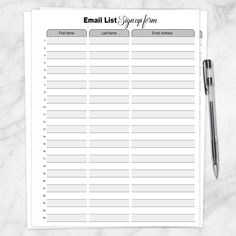 a printable email list with a pen on top