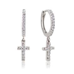 description Sterling Silver huggie hoop earrings with Cross Pave crystals that hang off your ear perfectly. Perfect to wear alone or paired with huggies. end description materials .925 Sterling Silver Pave Cubic Zirconia Hypoallergenic, lead and nickel free end materials details Huggie: Inside Diameter 8 mm/li> Height: 0.83 in (21mm) x Width 5mm Click close mechanism end details sku #E566-S end sku Huggie Earrings Silver, Ring Bracelet Chain, Contemporary Earrings, Cross Earrings, Huggie Earrings, Sterling Silver Cross, Huggie Hoop Earrings, Silver Pieces, Silver Cross