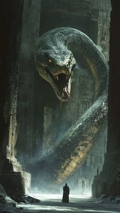 a giant snake is in the middle of a dark alley with people standing around it