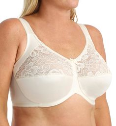 Wide comfort straps relieve shoulder strain. Made of rayon, polyester, cotton, and spandex. Full-figure bra features unlined (unpadded), 2-section cups with lace top and opaque satin bottom. Horizontal cup seams shape and support while giving a slightly conical look. Multiple-layer soft-textured knit around underwire prevents wire poke-through and provides added comfort. Curved center band gives a natural fit, even when sitting. Wide, padded, adjustable straps designed for all-day comfort. Cente Full Coverage Cream Bra With Removable Pads, Cream Full Coverage Bra With Removable Pads, White Lace Bra With Adjustable Straps, Classic Full Cup Beige Bra, Classic Beige Full Cup Bra, Classic Cream Bra With Padded Cups, White Full Coverage Lace Bra, Beige Full Coverage Bra With Lace Trim, Cream Lace Bra With Lace Trim