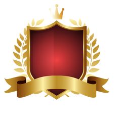 a red and gold shield with a crown on top, surrounded by two golden ribbons