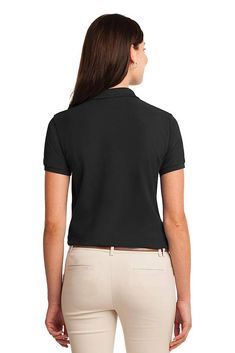 Port Authority ® Ladies Silk Touch™ Polo. L500 - BLACK - M | Port Authority Women's Silk Touch Polo Shirt in Black Size Medium | Cotton/Polyester Blend Black Cotton Tops With Seamless Collar, Mediterranean Blue, Orange Texas, Plain Shorts, Silk Touch, Port Authority, Coffee Bean, Soft Hand, Knit Collar