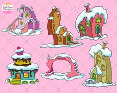 the cartoon houses are covered in snow and have different shapes, sizes, and colors