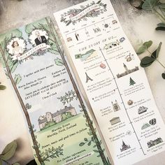 the wedding program is displayed next to some greenery