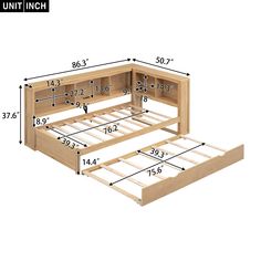 a bed frame with drawers and measurements for it