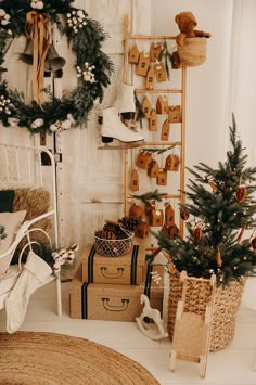 a room filled with boxes and christmas decorations