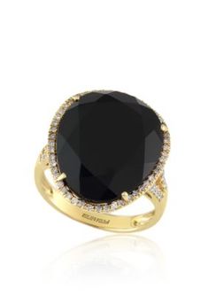 This exquisite ring showcases a stunning combination of 69 brilliant diamonds and a captivating onyx gemstone, all set in lustrous 14K yellow gold. The irregular center stone adds a touch of uniqueness to the design, while the prong setting ensures each diamond sparkles with brilliance. With a polished finish, this cocktail ring exudes sophistication and elegance. Perfect for any special occasion, it's a timeless piece that will be cherished for years to come. | Effy 9.9 ct. t.w. Onyx, 1/4 ct. t.w. Diamond Ring In 14K Yellow Gold, 8 Effy Rings, Effy Jewelry, Black Onyx Ring, Onyx Gemstone, Onyx Ring, Brilliant Diamond, Cocktail Ring, Diamond Clarity, Yellow Gold Rings