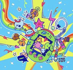 an image of cartoon characters on a blue background with stars and rainbows around them