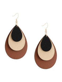 PRICES MAY VARY. BOHO CHIC DESIGN: These earrings feature a unique waterdrop shape with a triple-layered teardrop design in black, brown, and beige leather. HIGH-QUALITY MATERIAL: Made from high-grade faux leather, these earrings are both lightweight, durable and comfortable for all-day wear. VERSATILE STYLE: The striking color combination and layered design make these earrings perfect for any occasions, adding a chic touch to any look. PERFECT GIFT: Surprise your loved ones with this stylish an Wooden Circle Earrings, Homemade Leather Earrings, Beaded Leather Earrings, Cricut Leather Earrings, Layer Earrings, Cricut Jewelry, Cricut Earrings, Leather Jewelry Diy, Boho Chic Design