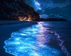 the water is glowing blue and has stars on it