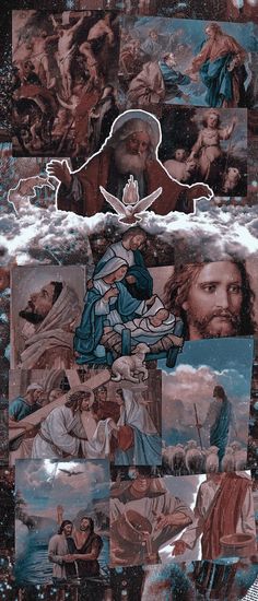 a collage of pictures with jesus and other people in the sky, clouds, and water